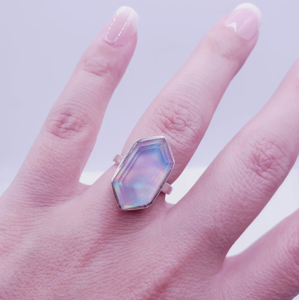 Iridescent Hexagon 925 Sterling Silver Opalite Aura Glow Ring